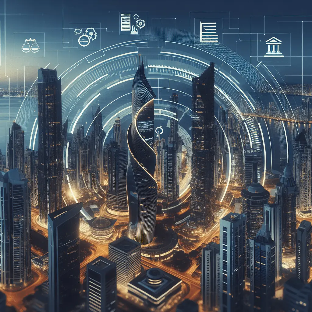 Vista panorámica profesional 16:9 del horizonte de la Ciudad de Panamá, con la Torre F&F destacada. Predominan tonos azul marino y acentos dorados. La imagen incluye sutiles iconos semitransparentes que representan documentos legales y cumplimiento corporativo.