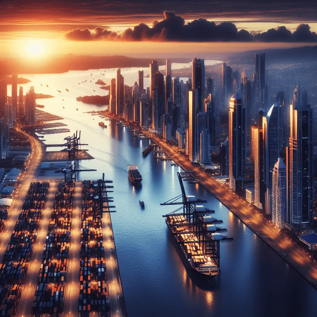 Vista panorámica cinematográfica del horizonte de la Ciudad de Panamá y el Canal al atardecer, con puertos logísticos de alta tecnología y buques portacontenedores en primer plano. Predominan los tonos azul marino profundo y acentos dorados.