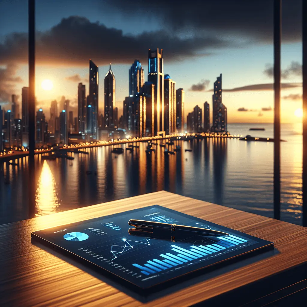 Skyline del distrito financiero de Ciudad de Panamá al atardecer con rascacielos de cristal y el océano. En primer plano, un escritorio de caoba, tablet con gráficos de crecimiento económico y una pluma estilográfica.