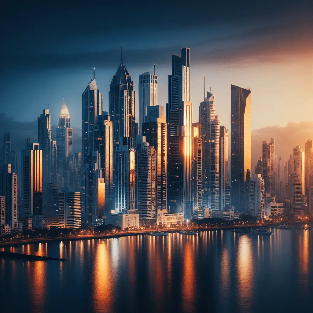 Plano cinematográfico del horizonte de Ciudad de Panamá al atardecer, mostrando rascacielos modernos del distrito financiero bajo luz dorada y azul profunda.