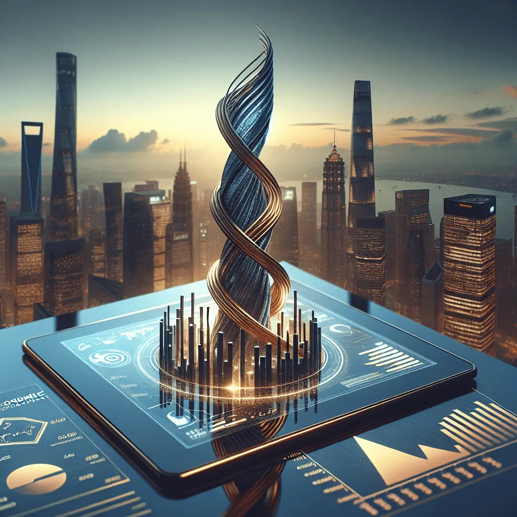 Skyline de la Ciudad de Panamá al atardecer con la F&F Tower, una tablet con gráficos de crecimiento económico y el logo de la OCDE en un escritorio de cristal.