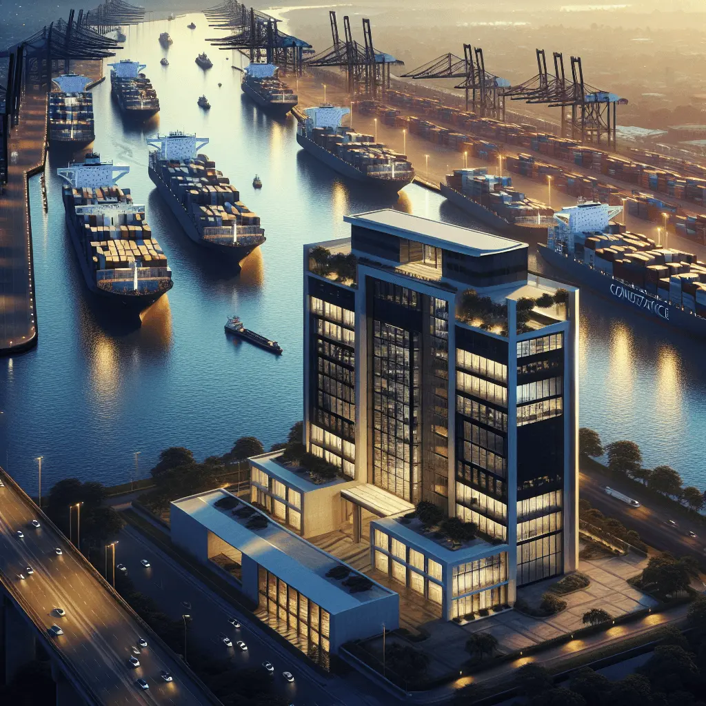 Panorámica cinematográfica 16:9 de la expansión del Canal de Panamá con grandes buques portacontenedores y un edificio de oficinas moderno en primer plano. Iluminación de hora dorada con colores azul marino y dorado.