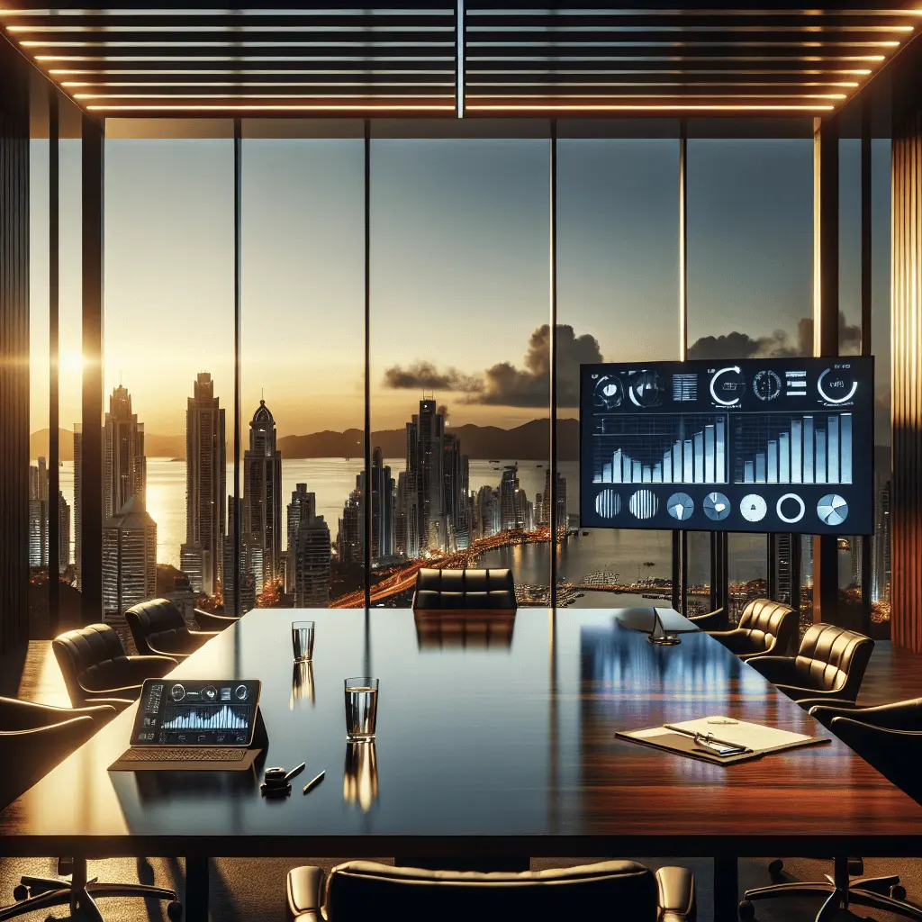 Una lujosa oficina corporativa en un rascacielos de Ciudad de Panamá. Al fondo, el horizonte de la Bahía de Panamá al atardecer. En primer plano, una mesa de caoba con una tableta mostrando gráficos financieros.