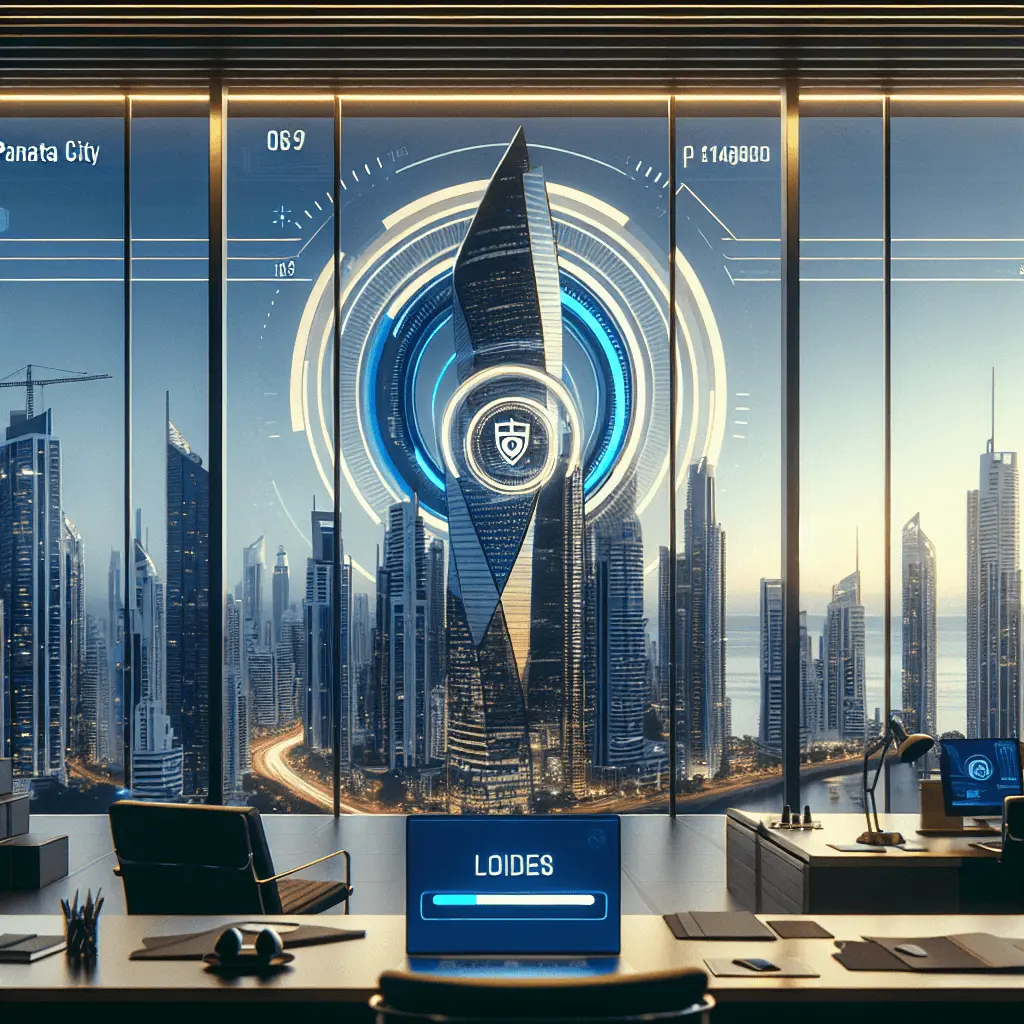 Vista de oficina moderna de Ciudad de Panamá con la F&F Tower y superposición digital de barra de carga y sello legal, en azul marino y dorado.