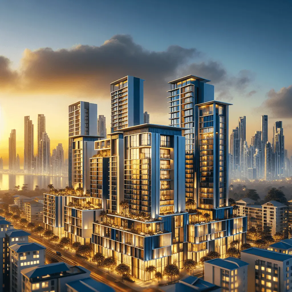 Renderizado arquitectónico moderno de un complejo de apartamentos de lujo en la Ciudad de Panamá al atardecer, con colores azul y dorado.