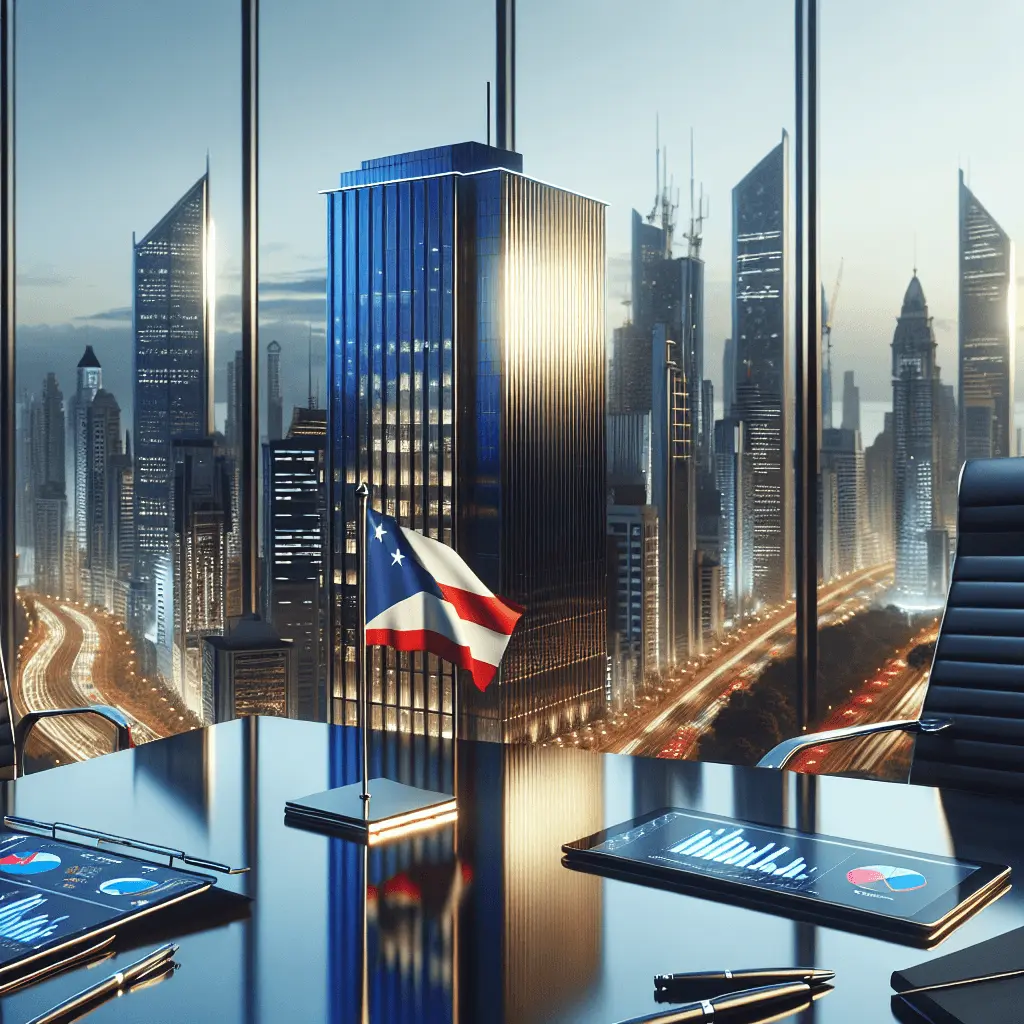 Edificio de oficinas moderno en el distrito financiero de Ciudad de Panamá con vista panorámica, mesa de cristal con tablet y bandera de Panamá.