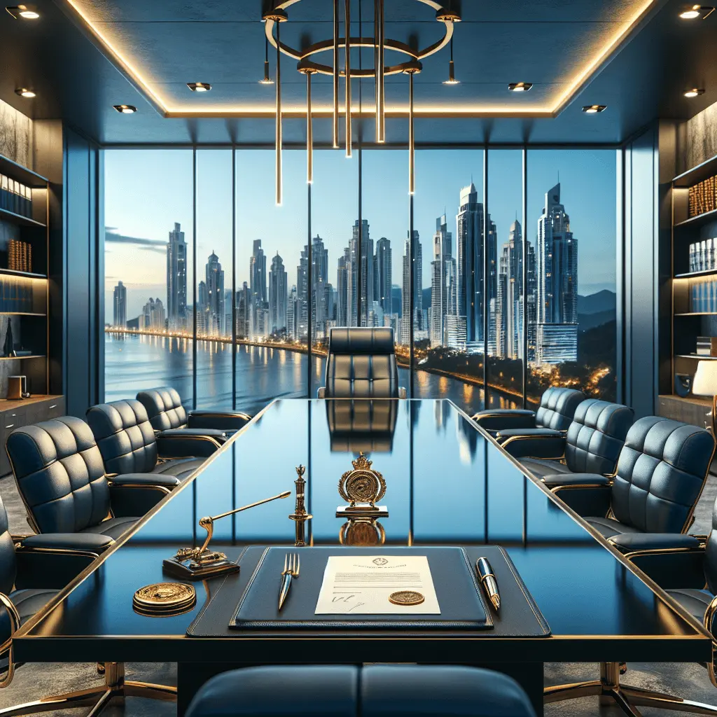 Una sala de reuniones moderna y lujosa con vistas al skyline de Ciudad de Panamá, mesa de cristal con documento legal y pluma de alta gama, en tonos azul marino y oro.
