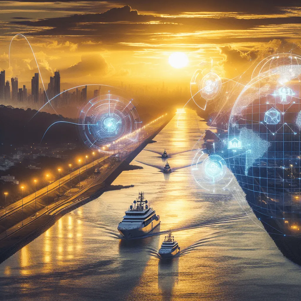 Vista cinematográfica del Canal de Panamá al atardecer, mostrando modernos buques de patrulla y una superposición digital de seguridad. Tonos azules y dorados.