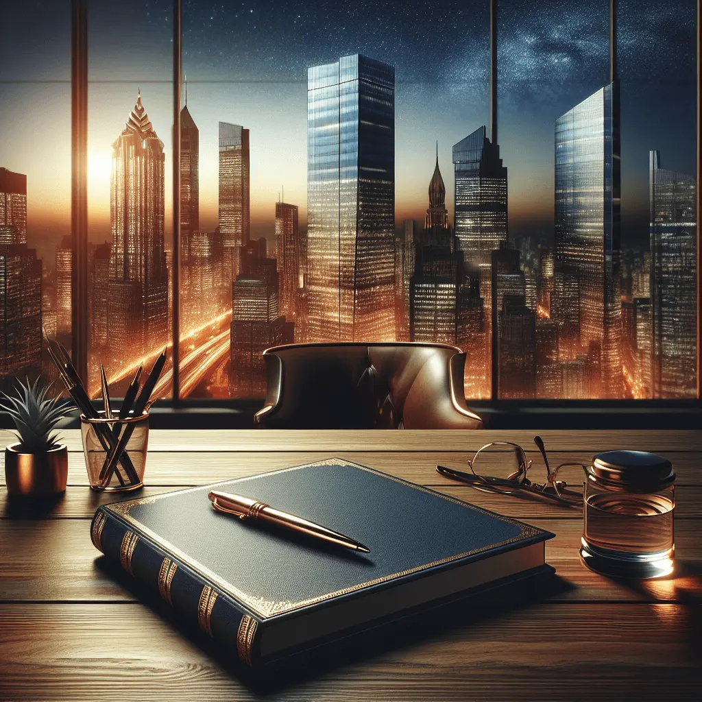 Vista panorámica del horizonte de la Ciudad de Panamá al atardecer, destacando el distrito financiero con rascacielos de cristal y un escritorio con documentos legales en primer plano.