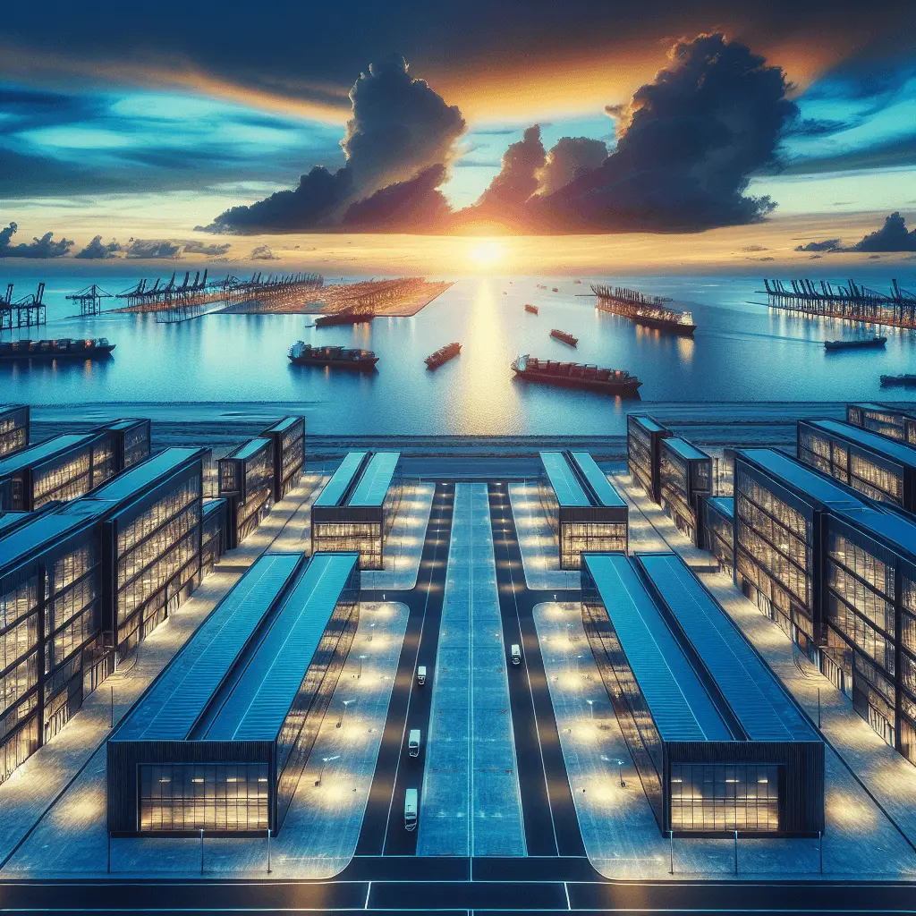 Toma cinematográfica de gran angular de un moderno centro logístico en Panamá con edificios de cristal, barcos de carga distantes y un cielo al atardecer, con una estética corporativa profesional y acentos azules y dorados.