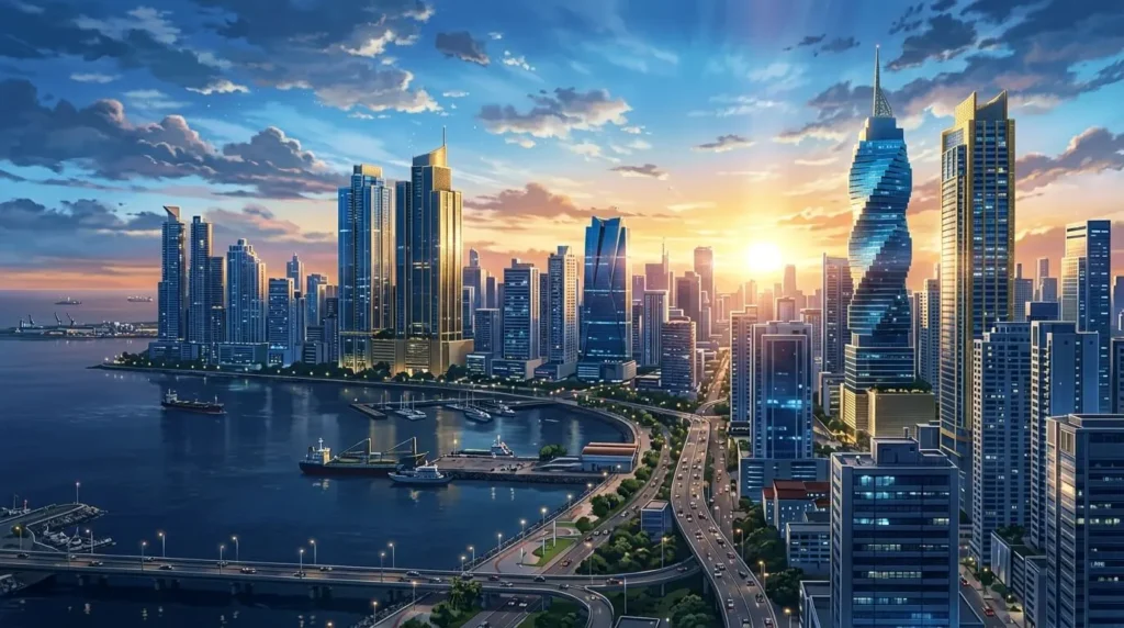 Paisaje urbano panorámico de la Ciudad de Panamá al estilo anime de Makoto Shinkai, con modernos rascacielos dominados por tonos azul corporativo y dorado metálico, creando una atmósfera profesional y sofisticada. No se muestran rostros humanos.