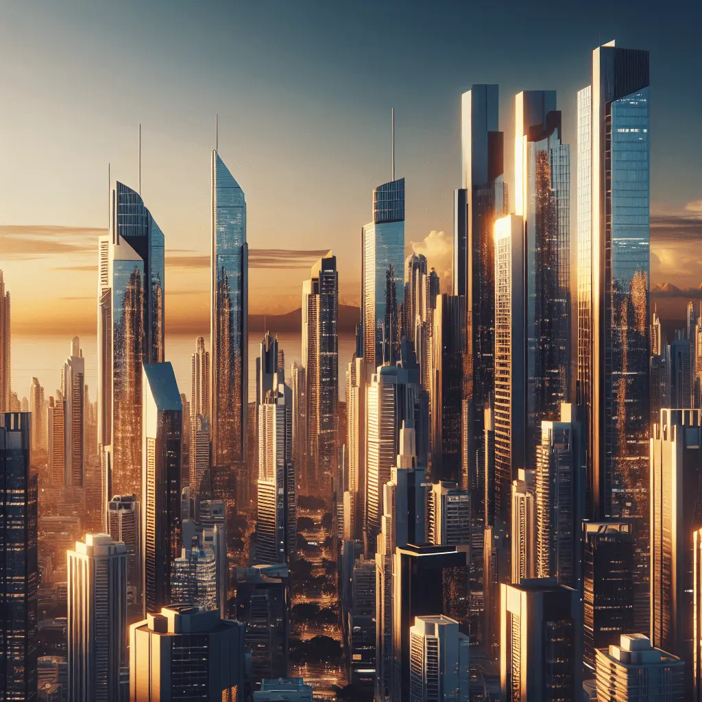 Vista panorámica 16:9 del horizonte del distrito financiero de Ciudad de Panamá con modernos rascacielos de cristal bajo luz de hora dorada. Ambiente sofisticado y corporativo con tonos azul marino y oro metálico.