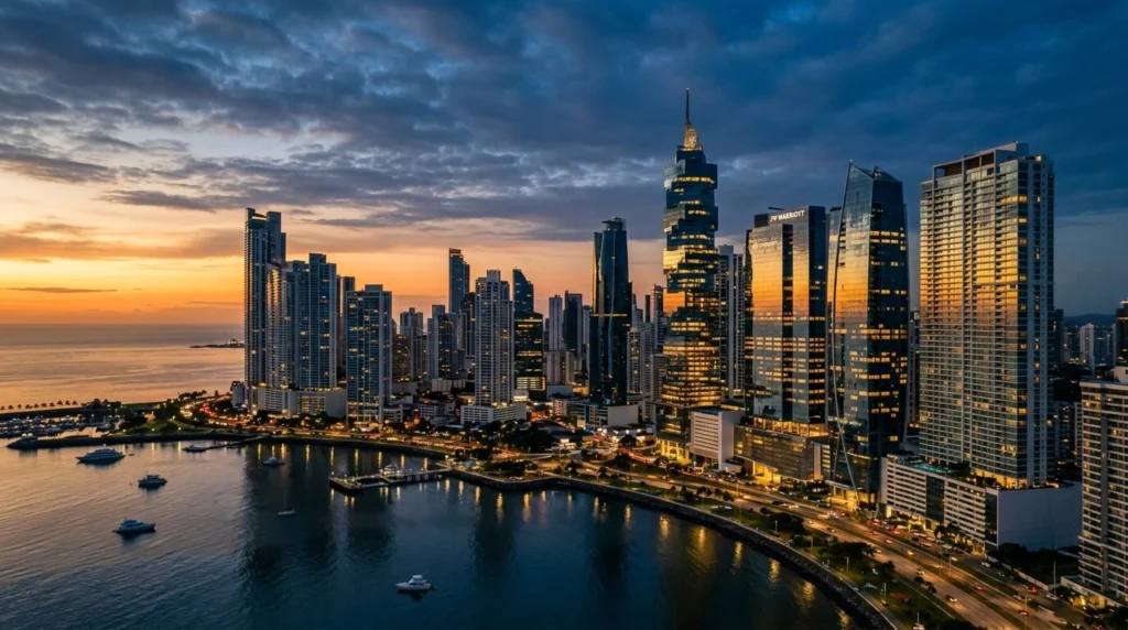 Horizonte de la Ciudad de Panamá (Punta Pacífica) al atardecer, con rascacielos de cristal modernos e iluminación azul marino y dorada.