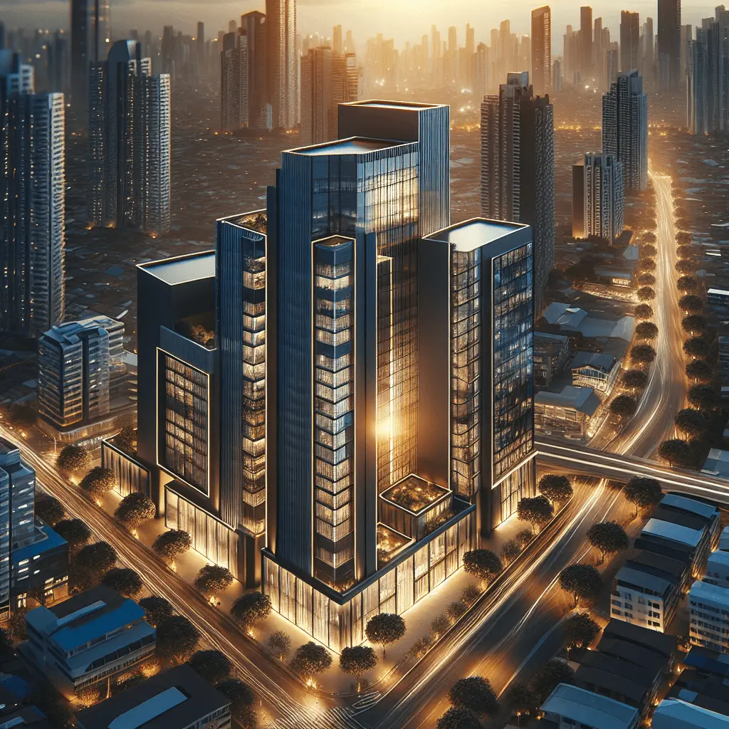 Edificio moderno de oficinas en el horizonte de la Ciudad de Panamá al atardecer, con colores azul marino y dorado, estilo corporativo.