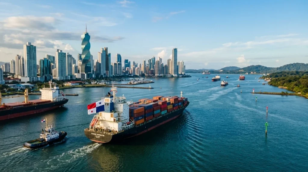 Una toma cinematográfica panorámica del skyline de la Ciudad de Panamá y la entrada del Canal de Panamá, con grandes buques de carga portando la bandera panameña, bajo iluminación profesional y acentos azules y dorados.