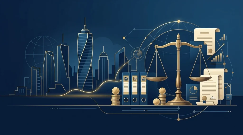 Imagen corporativa panorámica en tonos azul y dorado, con documentos legales, la silueta del horizonte de la Ciudad de Panamá y una balanza de la justicia, simbolizando el cumplimiento fiscal internacional y la protección de patrimonio.