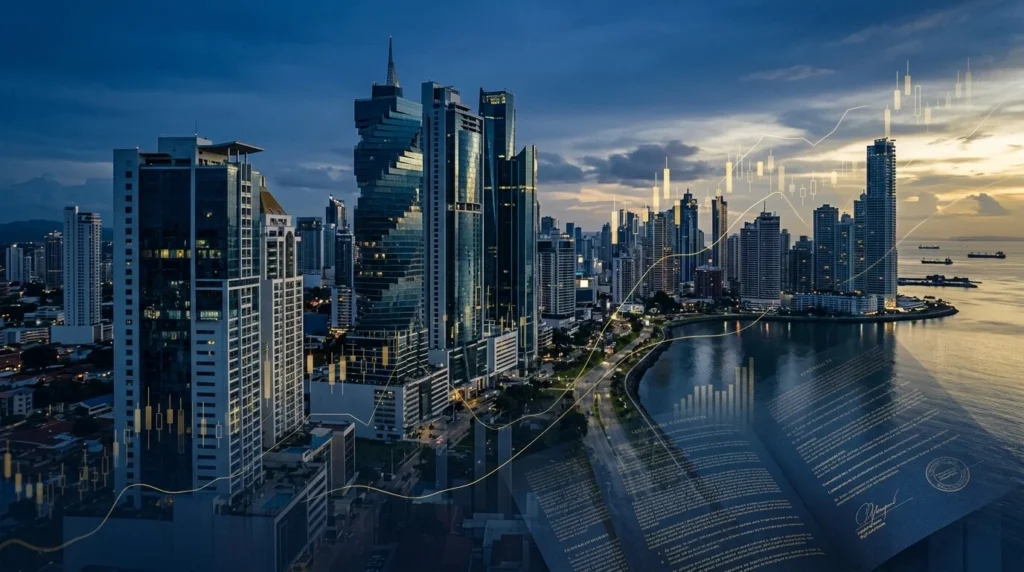 Vista panorámica de rascacielos modernos en Ciudad de Panamá, con gráficos financieros y documentos legales superpuestos sutilmente, en tonos azul corporativo y oro.