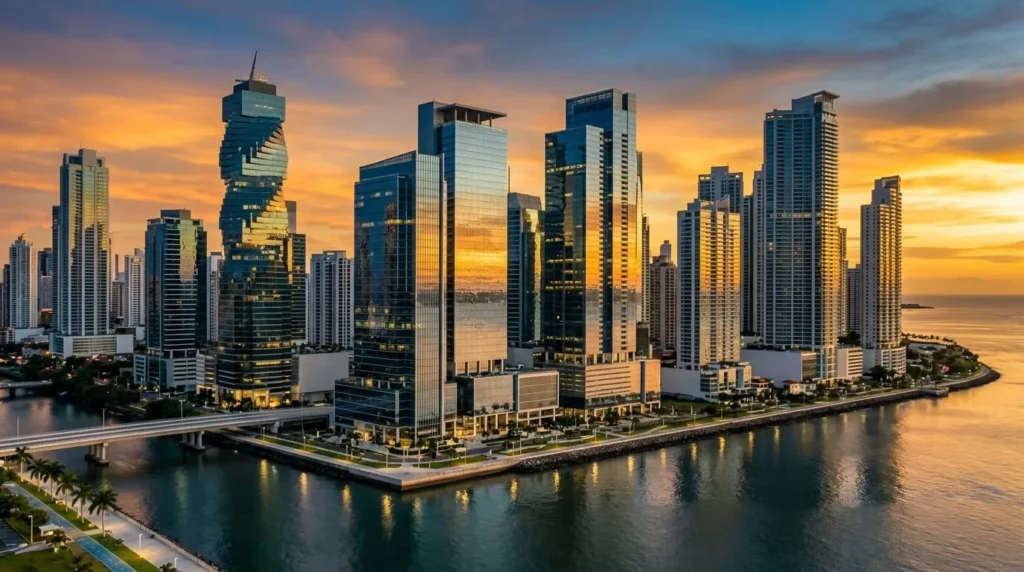 Rascacielos de cristal en el distrito bancario moderno de la Ciudad de Panamá reflejando un atardecer dorado, con tonos azules y dorados, estilo minimalista y sin personas.