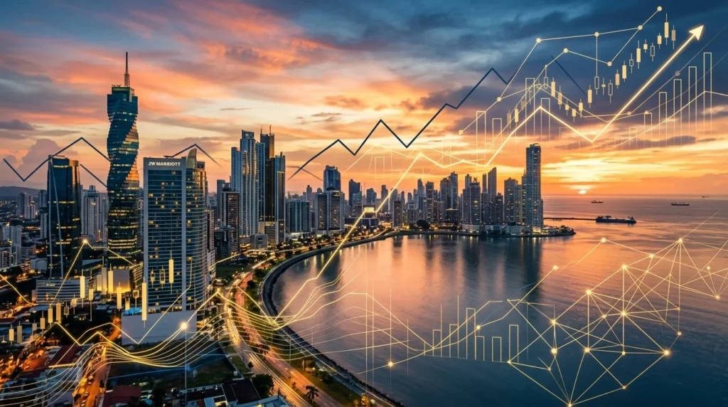 Vista panorámica del skyline de Ciudad de Panamá al atardecer con rascacielos, y gráficos financieros abstractos en líneas azul oscuro corporativo y dorado superpuestos. Diseño limpio y moderno.