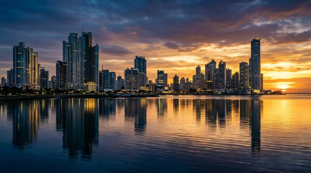 Fotografía panorámica del skyline de Ciudad de Panamá al atardecer, con rascacielos de cristal reflejados en el agua y tonos corporativos azul profundo y dorado.