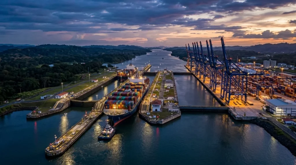 Fotografía panorámica de alta calidad de la expansión del Canal de Panamá al anochecer. Muestra grúas portuarias modernas con iluminación corporativa en tonos azul profundo y dorado cálido sutil, destacando la infraestructura sin rostros humanos.