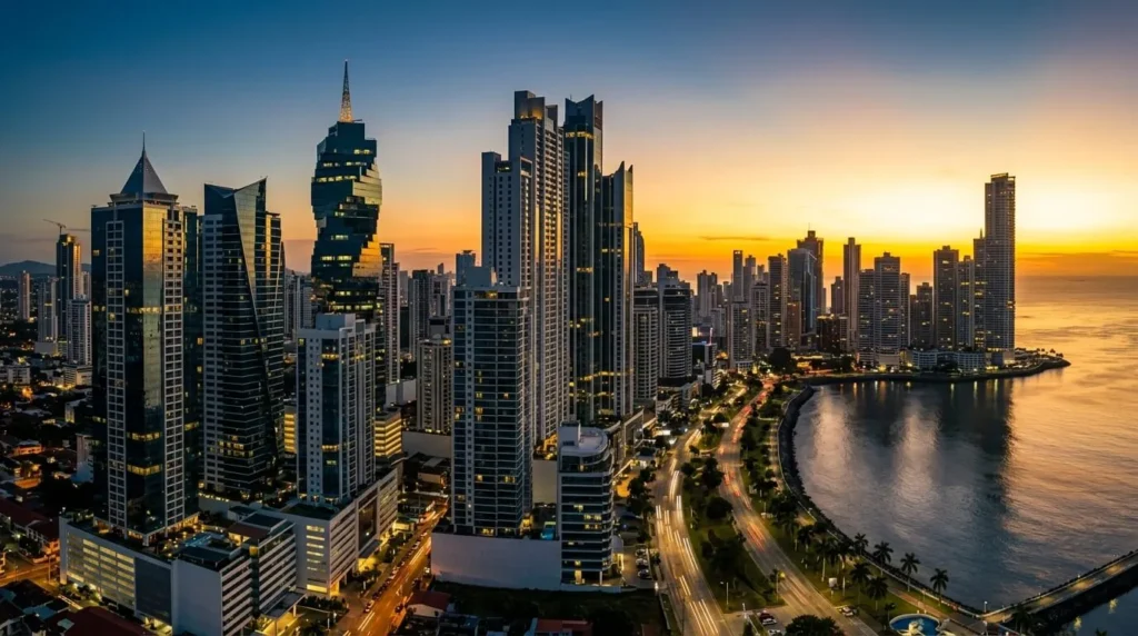 Fondo panorámico 16:9 de rascacielos modernos del distrito financiero de Ciudad de Panamá al atardecer, con una paleta de colores azul profundo y dorado, destacando líneas arquitectónicas limpias y sin rostros humanos.