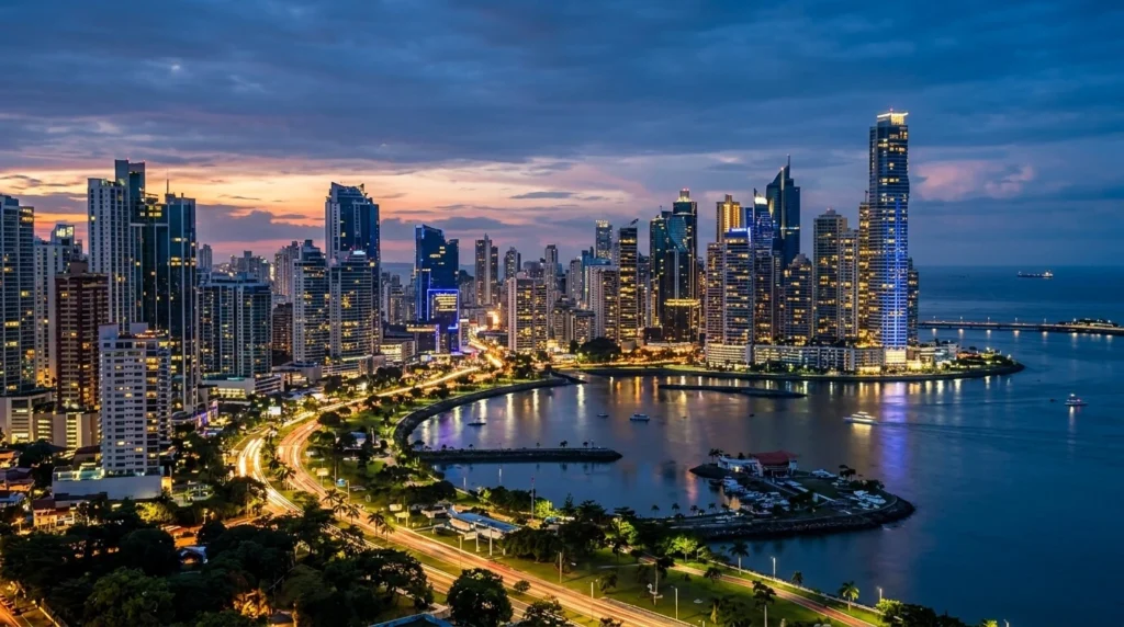 Vista panorámica del horizonte de Ciudad de Panamá al atardecer, con rascacielos modernos iluminados en tonos dorados y azules.