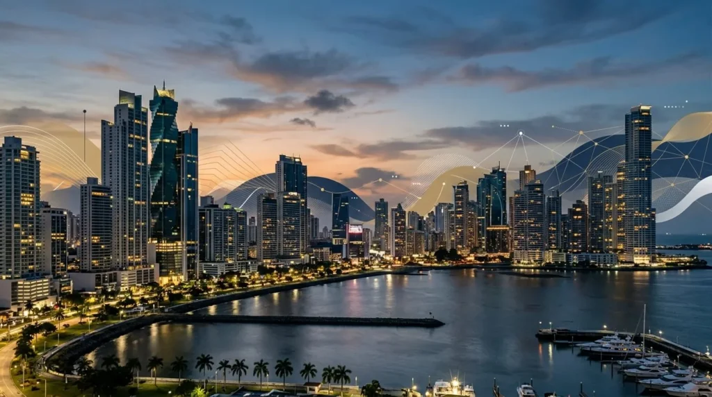Panorámica 16:9 del horizonte financiero de la Ciudad de Panamá con arquitectura moderna. Patrones corporativos en oro y azul profundo se fusionan, simbolizando crecimiento, cooperación internacional y transparencia.