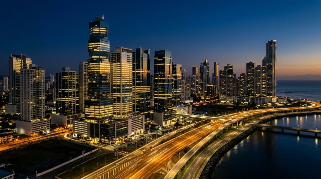 Vista arquitectónica moderna y minimalista del centro financiero de Ciudad de Panamá al anochecer, destacando edificios corporativos geométricos y líneas de infraestructura nítidas, con una paleta de colores azul marino profundo y dorado.
