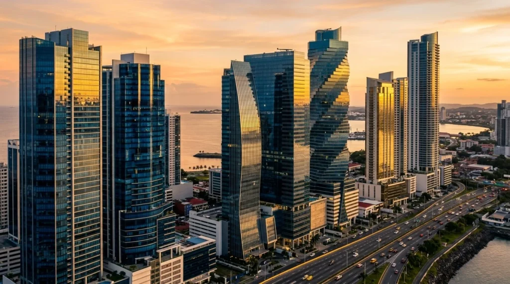 Vista panorámica de rascacielos bancarios modernos en el distrito financiero de la Ciudad de Panamá al atardecer, con reflejos azules y dorados.