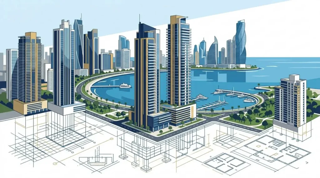 Ilustración vectorial de un desarrollo inmobiliario moderno en Ciudad de Panamá, con edificios de lujo y planos arquitectónicos. Presenta una paleta de colores azul corporativo y dorado sutil, con líneas limpias y sin rostros humanos.