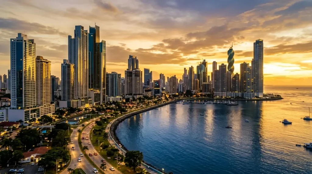 Vista panorámica 16:9 del moderno distrito financiero de la Ciudad de Panamá, con rascacielos de acero y cristal bajo un atardecer dorado y tonos azules profundos.