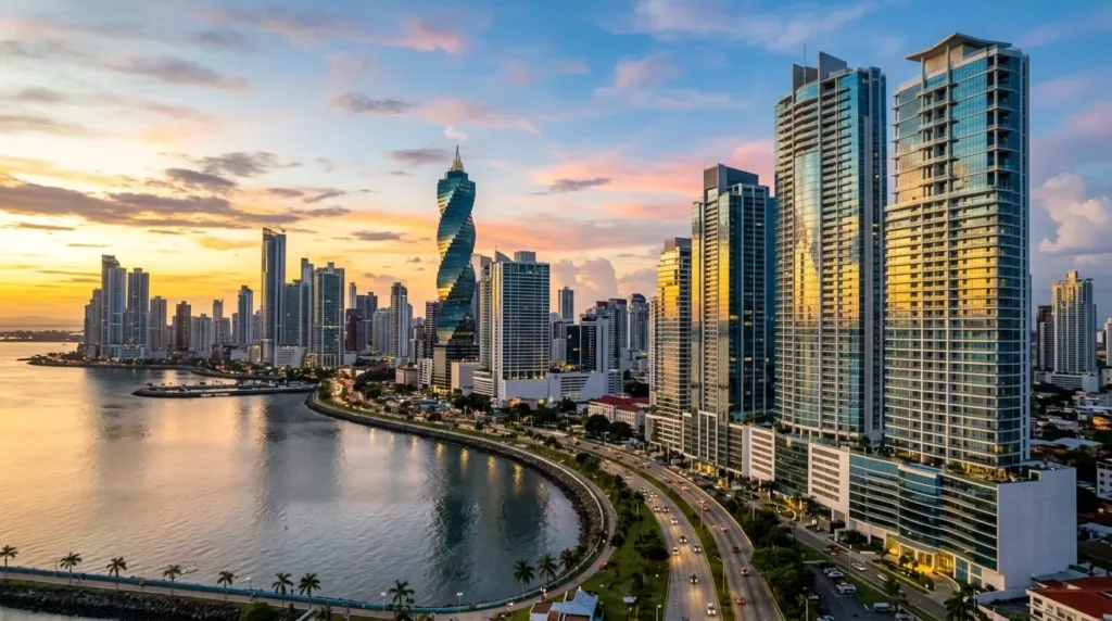 Vista panorámica del moderno skyline de Ciudad de Panamá al atardecer, destacando rascacielos de lujo con reflejos azules profundos y dorados en fachadas de vidrio. Fotografía profesional optimizada para web, sin personas.
