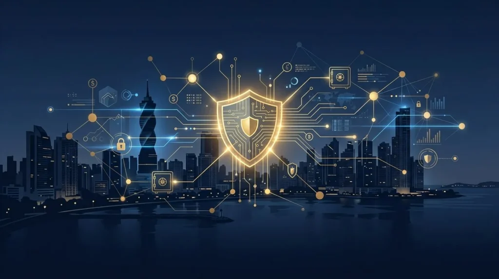 Fondo corporativo panorámico 16:9 en azul marino profundo con acentos dorados. Presenta una red de seguridad digital limpia y moderna superpuesta sobre una sutil silueta del horizonte de Panamá, simbolizando seguridad financiera abstracta y sin rostros humanos.