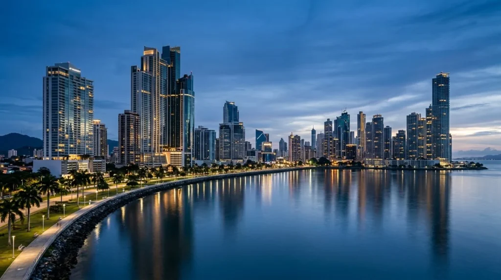 Fotografía panorámica 16:9 de rascacielos residenciales contemporáneos en la Ciudad de Panamá al anochecer. Las fachadas de vidrio reflejan tonos azul profundo y acentos dorados pulidos, con alto contraste, sin personas, horizontes claros e iluminación arquitectónica profesional.