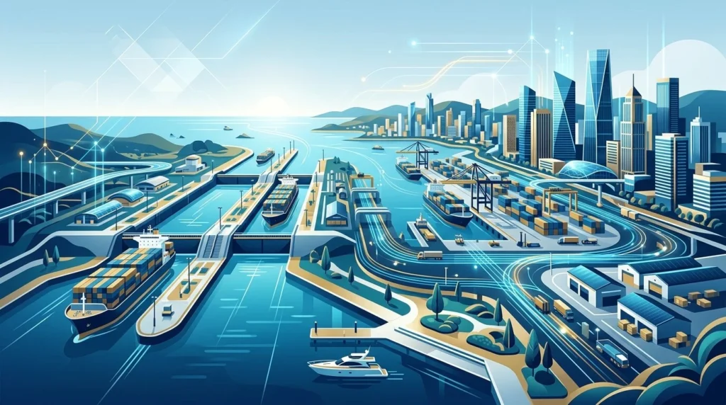 Ilustración panorámica moderna y sofisticada del Canal de Panamá y su infraestructura logística futurista, en tonos azul corporativo y dorado, simbolizando la inversión global en el país. Sin rostros.