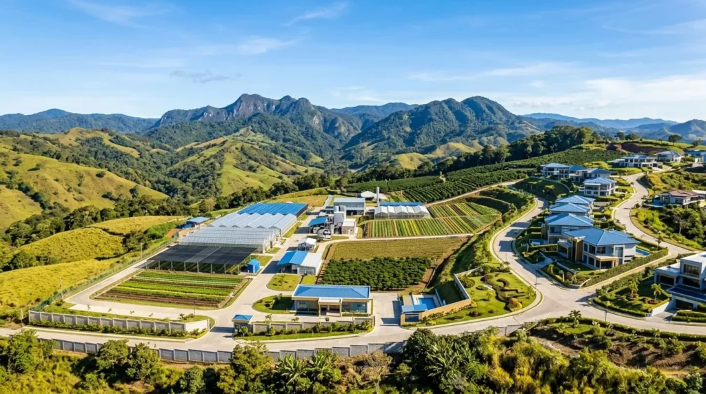 Fotografía panorámica corporativa de las Tierras Altas de Chiriquí, Panamá, mostrando infraestructura agrícola moderna y desarrollo inmobiliario bajo un cielo claro. Colores corporativos azul y dorado acentúan la escena.