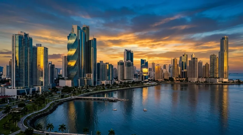 Vista panorámica del distrito bancario de Ciudad de Panamá con rascacielos modernos de cristal reflejando un atardecer dorado. Predominan tonos azul corporativo y oro.