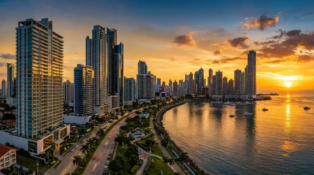 Fotografía arquitectónica panorámica de alta calidad de un desarrollo inmobiliario de lujo en la Avenida Balboa, Ciudad de Panamá, durante un atardecer dorado. Predominan tonos dorados cálidos y azules corporativos profundos, con reflejos en el océano y una estética moderna y limpia. No hay rostros humanos visibles.