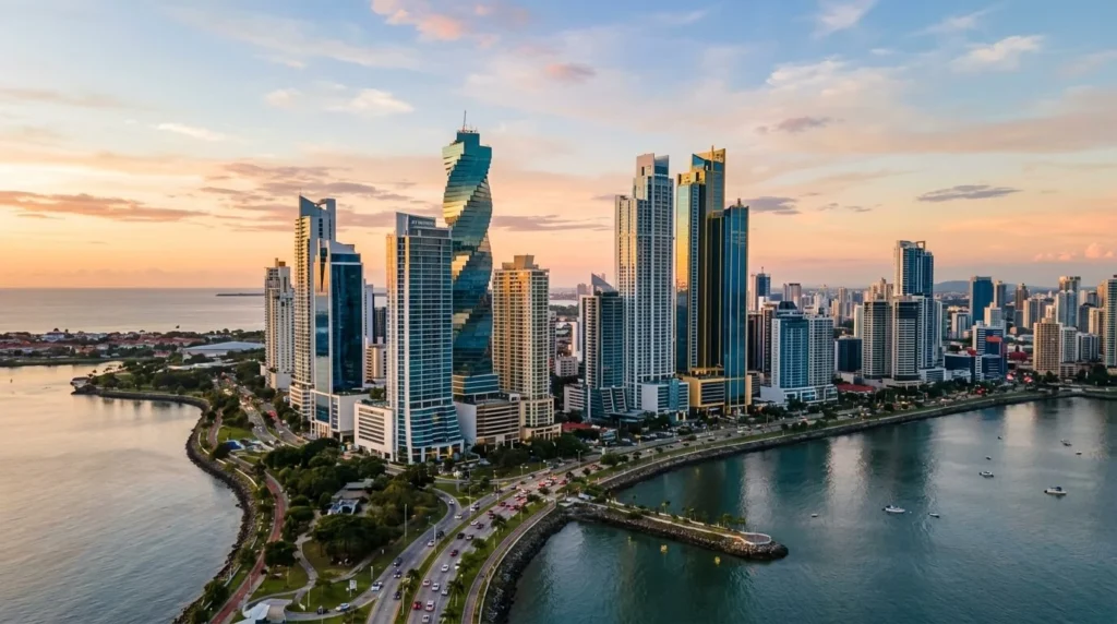 Imagen panorámica conceptual de rascacielos modernos en el distrito financiero de Ciudad de Panamá durante la hora dorada, con arquitectura minimalista y acentos azules y dorados.