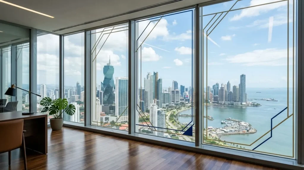 Ventana de oficina moderna y minimalista con vista al horizonte de Ciudad de Panamá, incorporando líneas geométricas doradas y azules. Sin personas, formato panorámico 16:9.