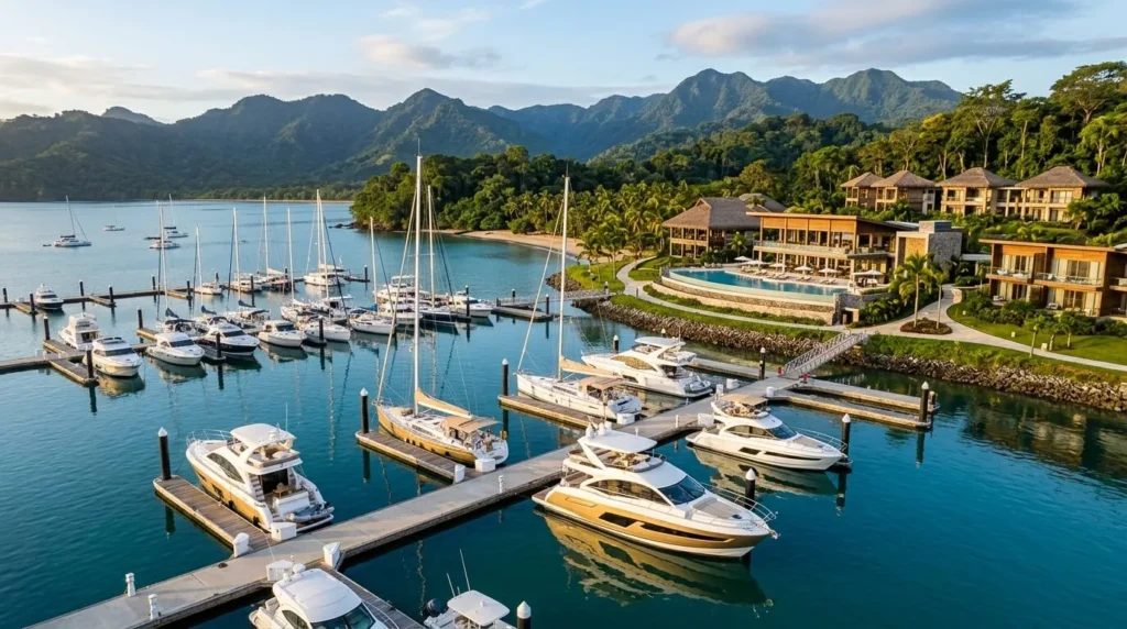 Fotografía panorámica de una marina de lujo moderna en el Caribe panameño con yates y un eco-resort, tonos azules y dorados, luz matutina.