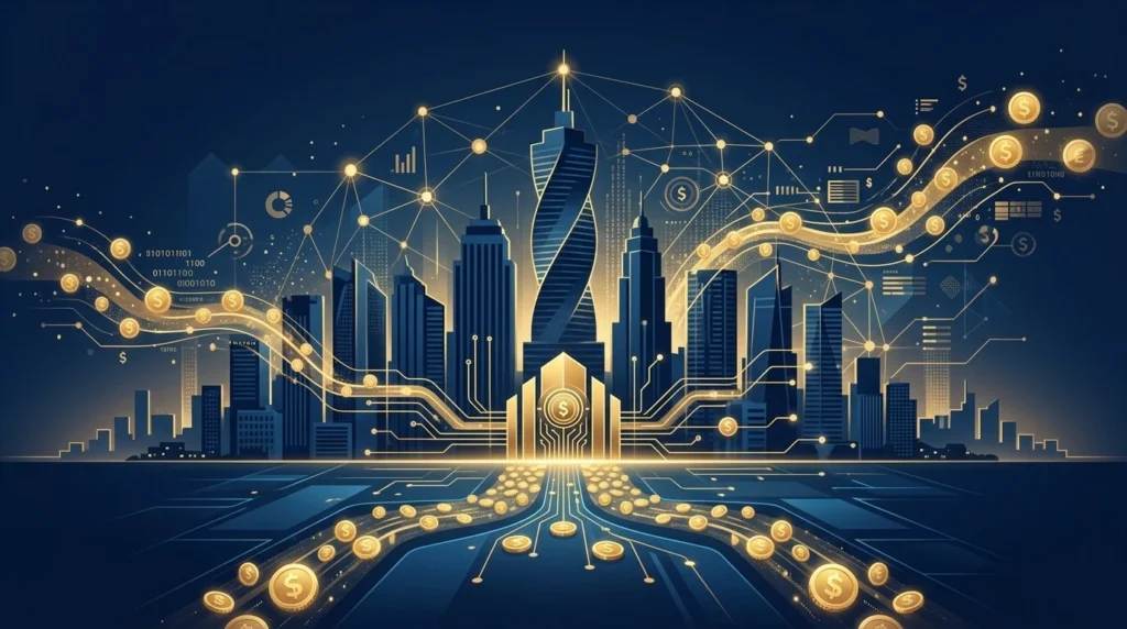 Ilustración conceptual de impuestos digitales en Panamá con edificios, nodos de red y monedas de oro.