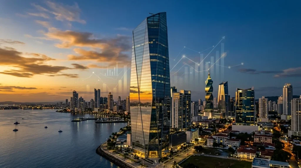 Imagen panorámica profesional de un edificio de cristal estilizado en el horizonte de Ciudad de Panamá, reflejando tonos corporativos dorados y azul profundo, con sutiles gráficos financieros abstractos. Concepto legal y financiero.
