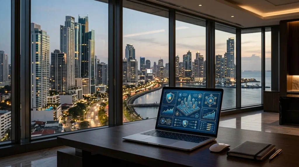 Vista panorámica del skyline del distrito financiero de Ciudad de Panamá desde una oficina. Un portátil en un escritorio de madera exhibe una interfaz de seguridad digital con branding azul y dorado sobre cumplimiento tributario.