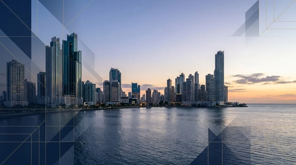 Panorámica 16:9 del moderno skyline de Ciudad de Panamá con el océano Pacífico. Predominan colores azul marino profundo y acentos dorados sutiles. Incluye superposiciones geométricas abstractas que simbolizan estabilidad legal y seguridad financiera en un entorno de negocios profesional.
