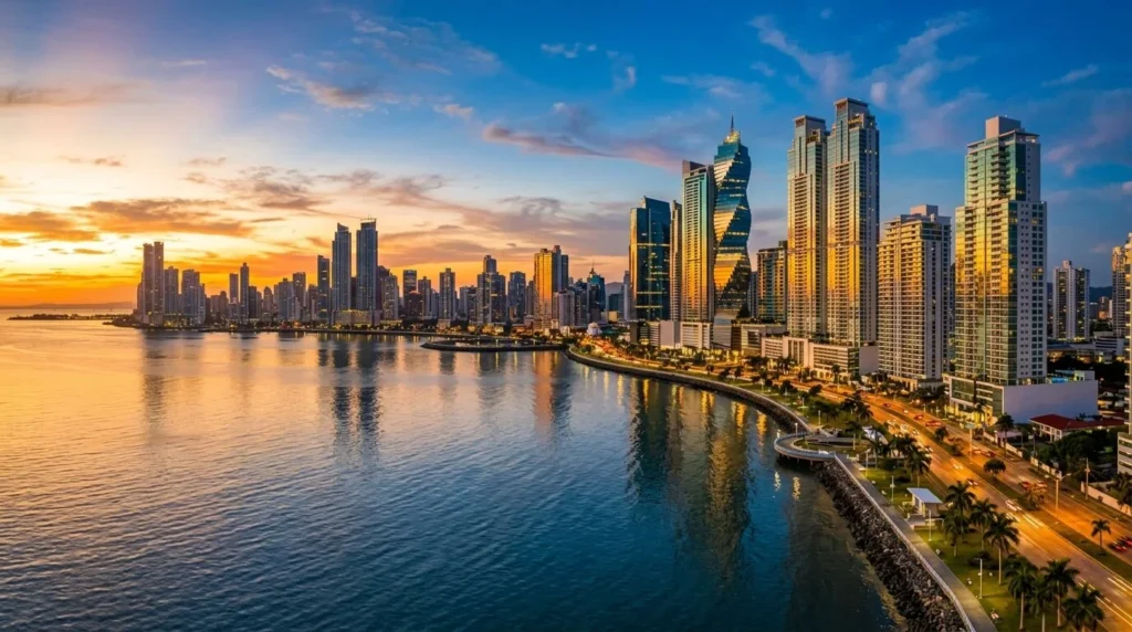 Panorámica del skyline financiero de la Ciudad de Panamá al atardecer, mostrando rascacielos modernos de la Avenida Balboa con reflejos dorados y azules en el Océano Pacífico. Imagen limpia y sin personas.