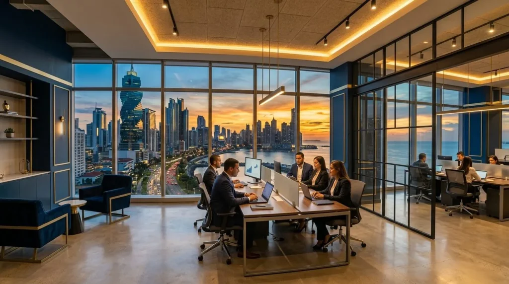Interior de oficina corporativa moderna en Ciudad de Panamá, con vista al distrito financiero al atardecer. Se aprecian estructuras de vidrio y acero, con toques sutiles en dorado y azul oscuro, y líneas arquitectónicas limpias.