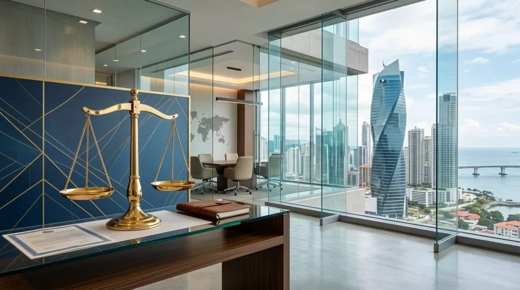 Imagen corporativa panorámica de edificios modernos en Ciudad de Panamá con un icono de balanza de la justicia dorada y tonos azules y dorados, simbolizando seguridad y transparencia financiera.