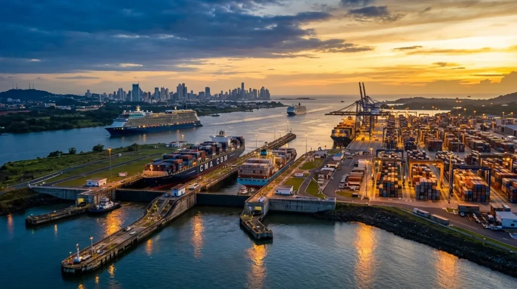 Vista panorámica moderna de la expansión del Canal de Panamá y su puerto de contenedores al atardecer, con buques de lujo y tonos corporativos azul y dorado.
